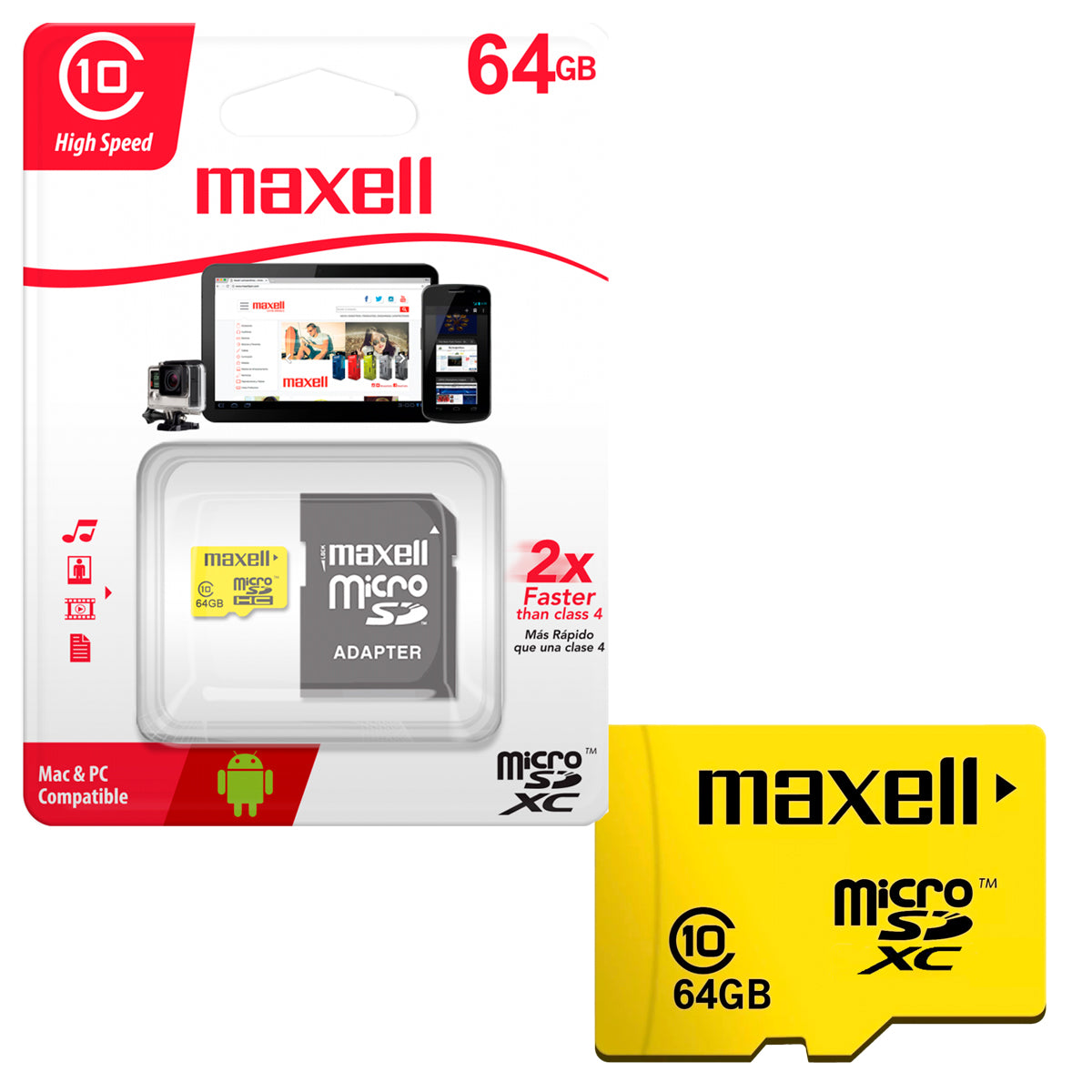 Tarjeta de Memoria MicroSD 64GB Maxell SDXC Clase 10  + Adaptador UHS-1 90MB/s Multiples Usos