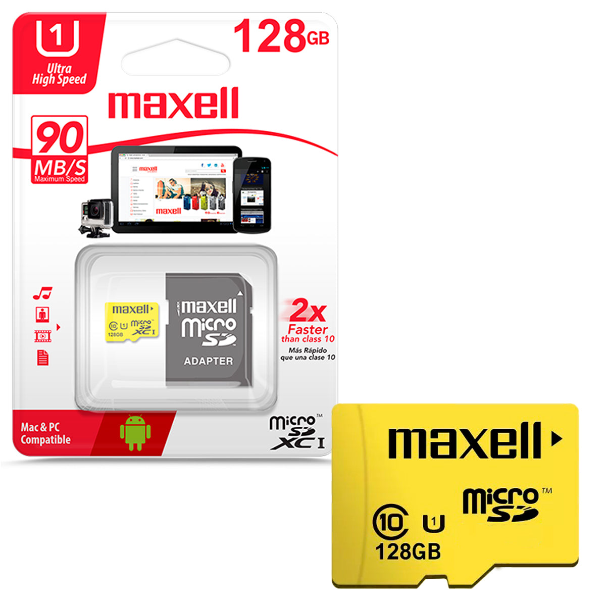 Tarjeta de Memoria MicroSD 128GB Maxell SDXC Clase 10  + Adaptador V10 90MB/s Multiples Usos