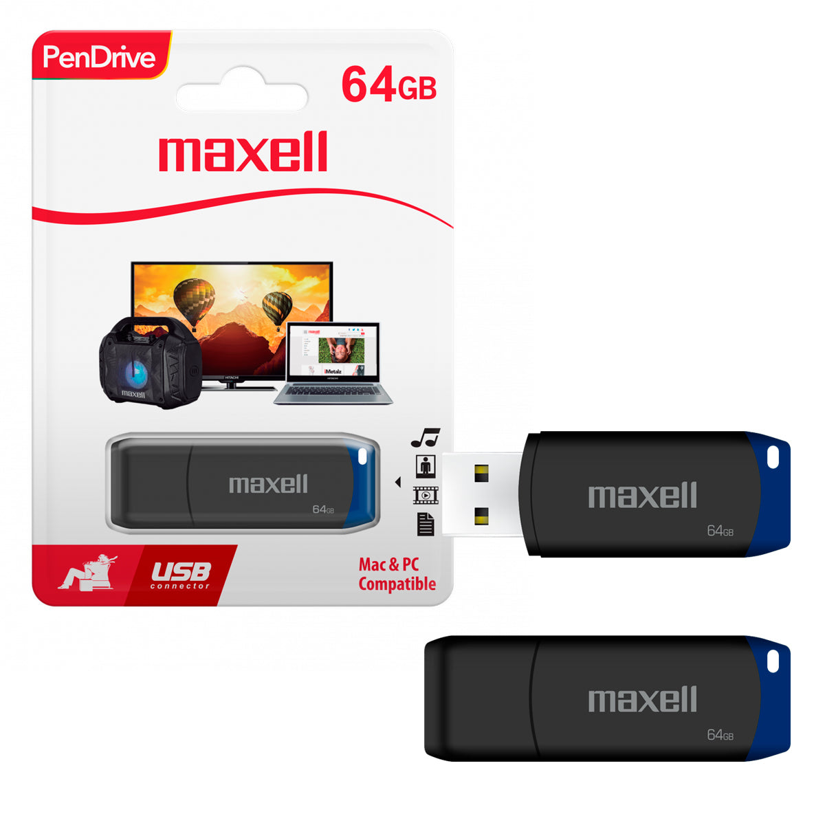 Pendrive USB 64GB Maxell USBPD-64 Con Tapadera de Protección Compatible MAC y Windows Uso General