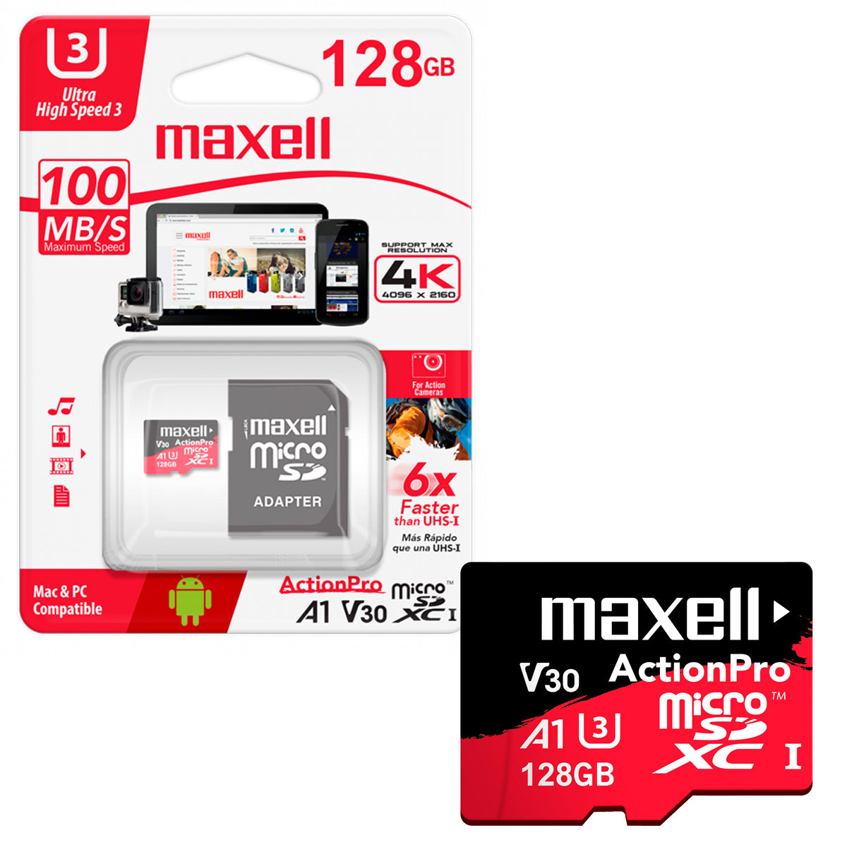 Tarjeta de Memoria MicroSD 128GB Maxell SDXC Clase 10  + Adaptador UHS3 4K 100MB/s Multiples Usos