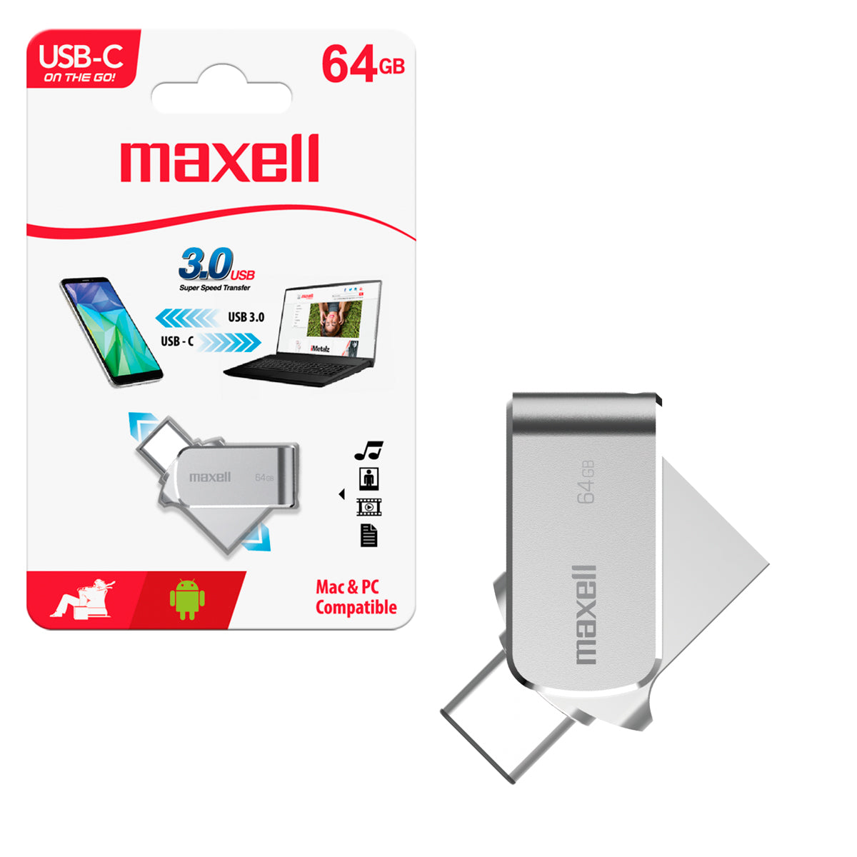 Pendrive USB-C OTG 3.0 64GB Maxell 2 en 1 Compatible MAC y Windows Multiuso Rapida Transferencia