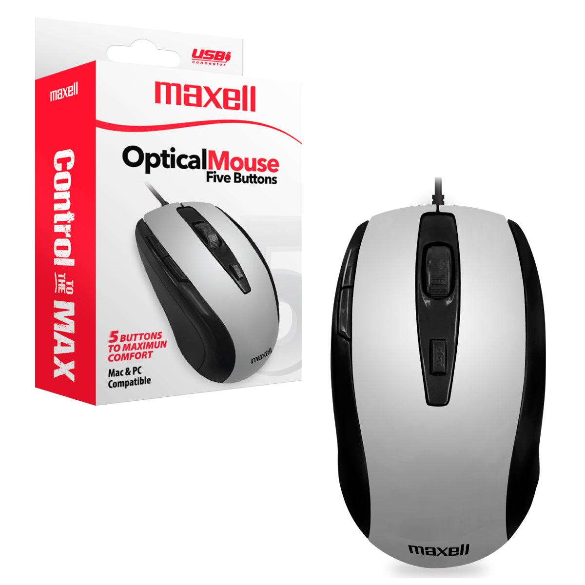 Mouse USB Optical Maxell MOWR-105 Ergonomico 5 btn Cable 150cm Sensor 1600dpi Compatible Windows-Mac