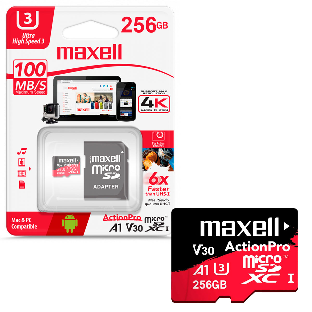 Tarjeta de Memoria MicroSD 256GB Maxell SDXC Clase 10  + Adaptador UHS3 4K 100MB/s Multiples Usos