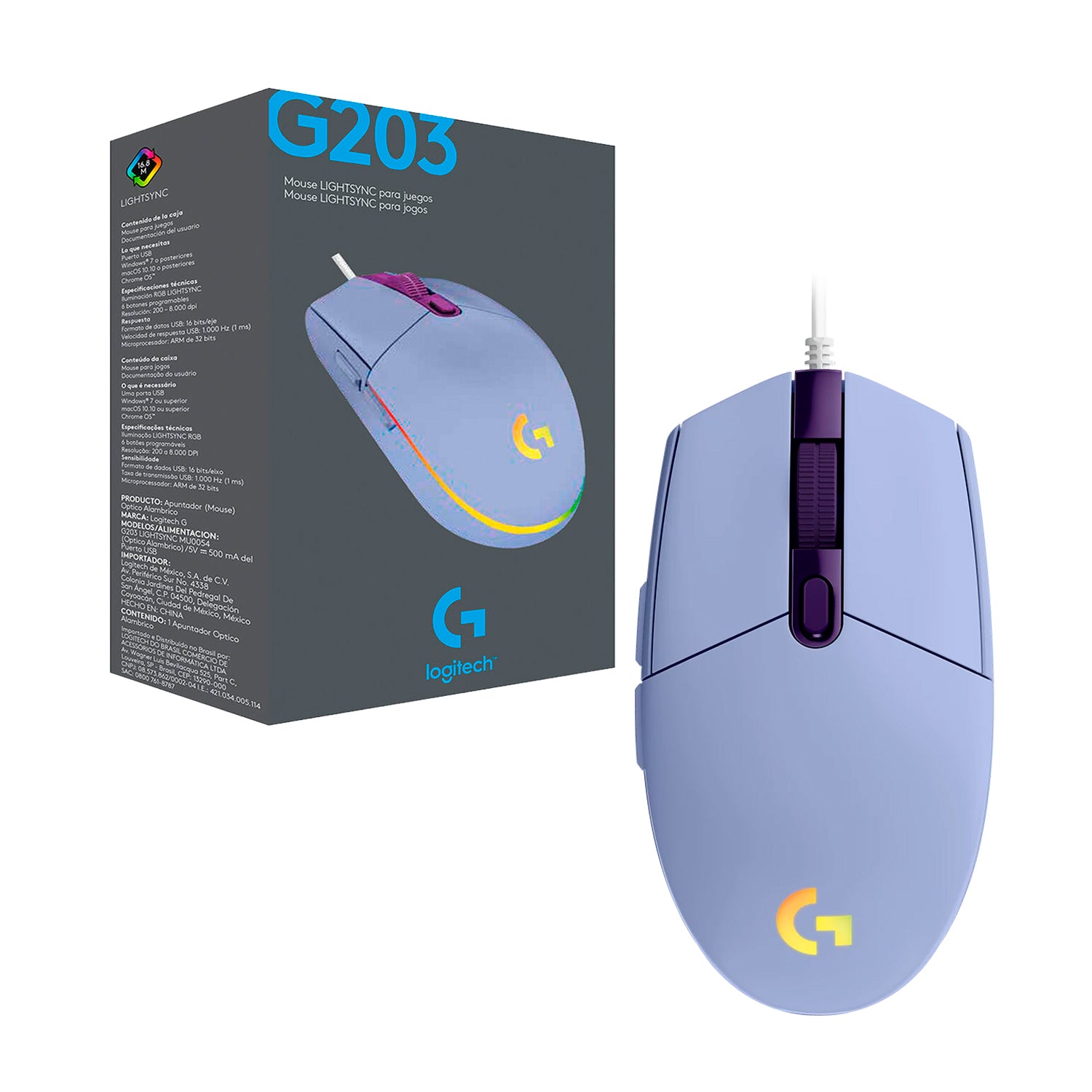 Mouse Gamer USB Logitech G203 Lightsync 16.8M Cable 2.1m Sensor Hero Ajustable 200-8000dpi 6 Botones