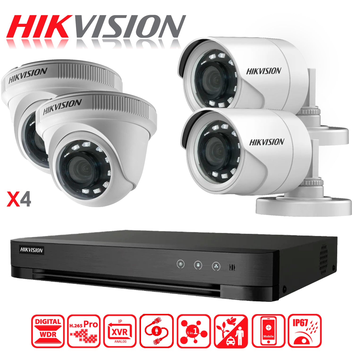 Kit de Camaras de Seguridad + DVR 4 Canales Hikvision Turbo FHD Sata 1 TB 2 Camaras Bala 2 Domo