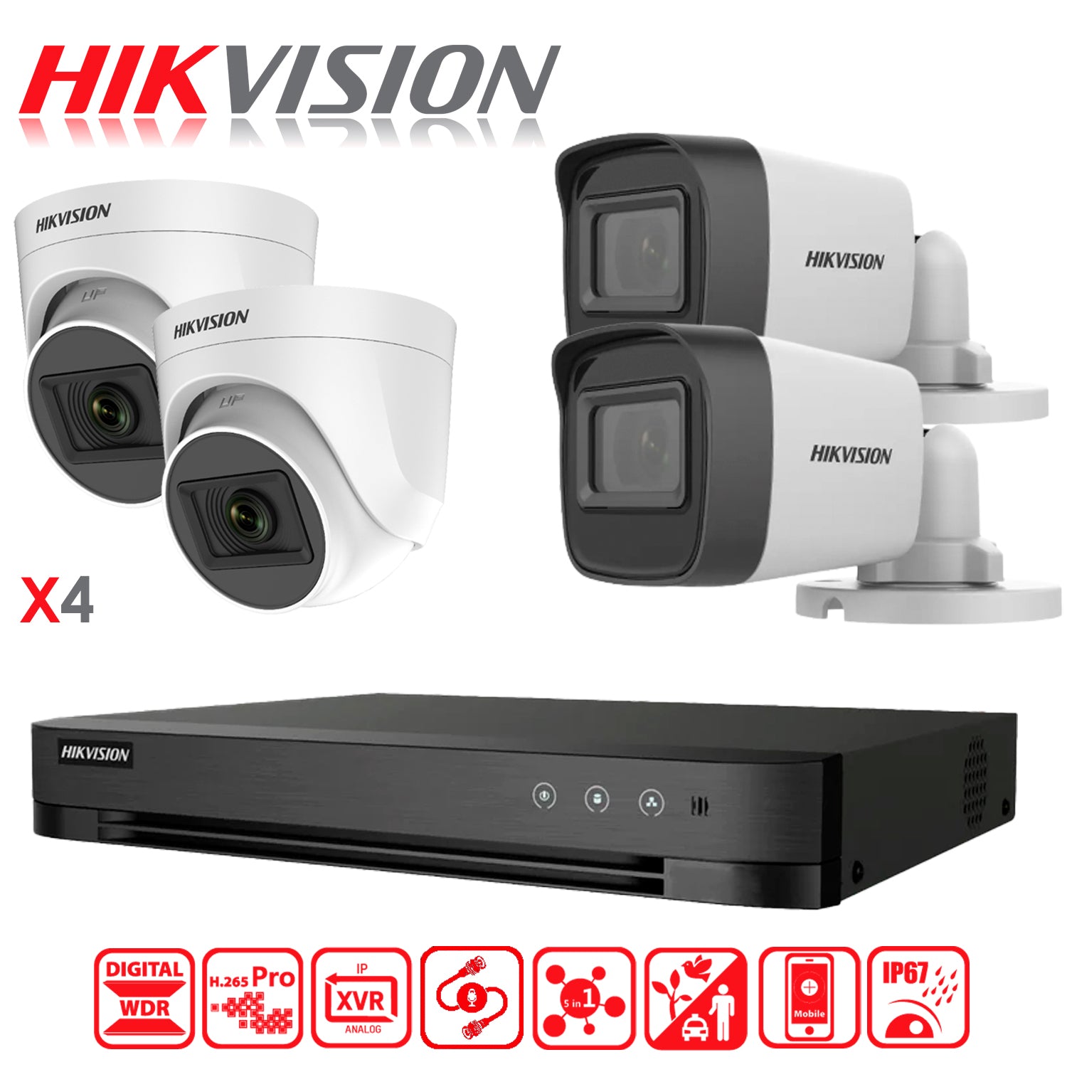 Kit de Camaras de Seguridad + DVR 4 Canales Hikvision Turbo Sata 1 TB FHD 2 Camaras Bala 2 Domo