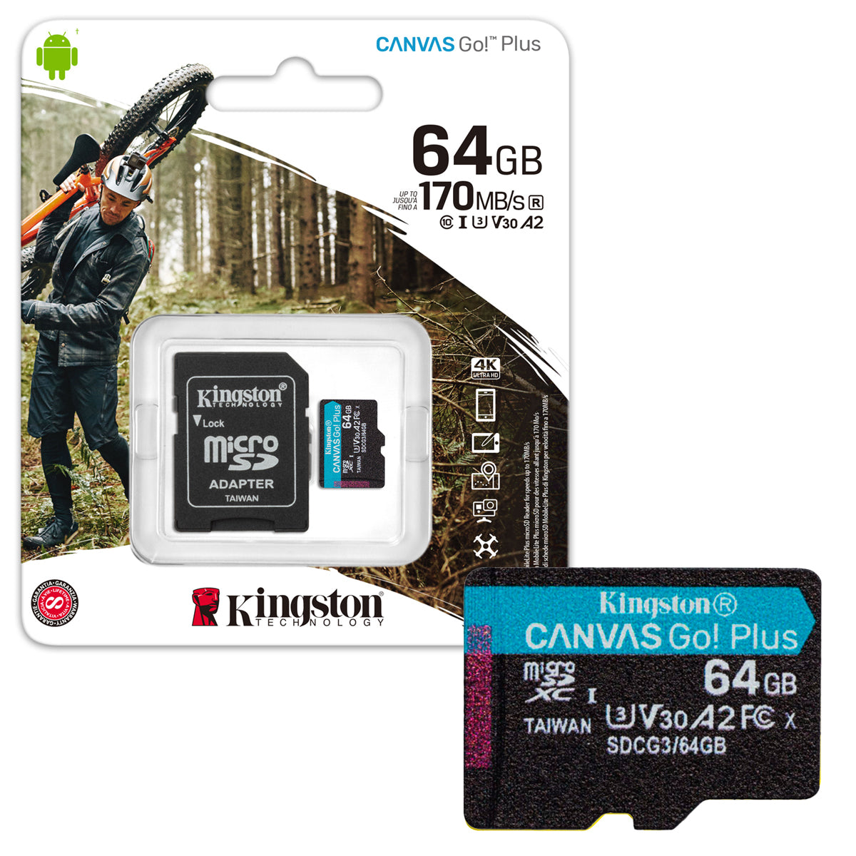 Tarjeta De Memoria MicroSD 64GB Kingston Canvas Go Plus SDXC Clase 10 + Adaptador UHS-1 4k 170MB/s