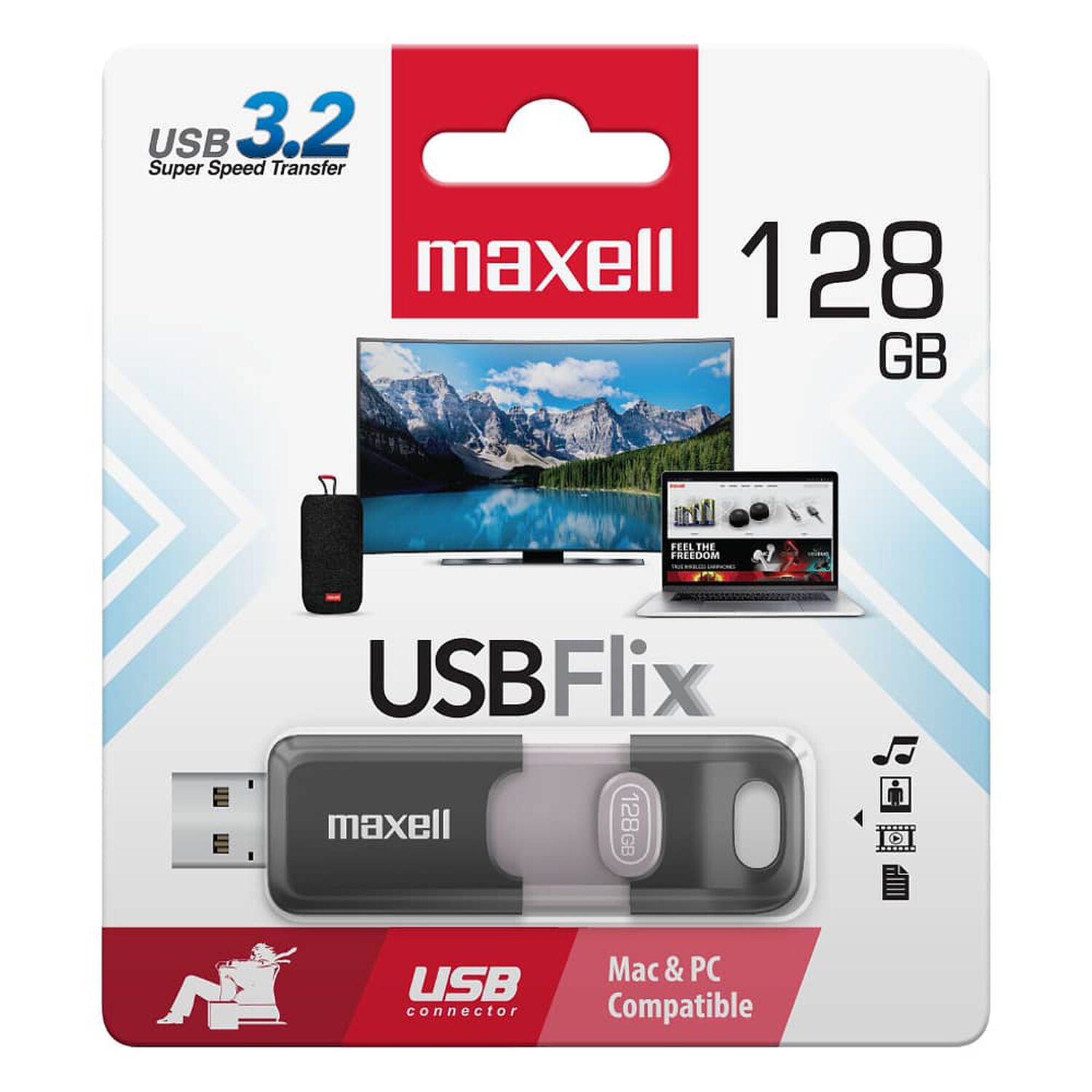 Pendrive USB 3.0 128GB Maxell Flix Diseño Retractil Compatible MAC y Windows Rapida Transferencia