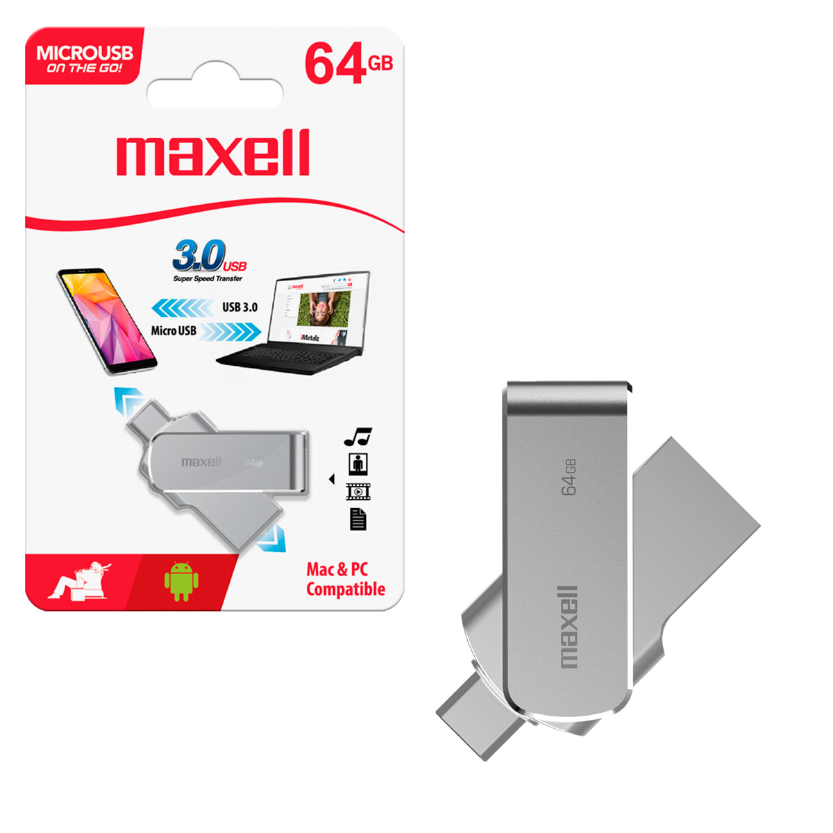 Pendrive Micro USB OTG 3.0 64GB Maxell 2 en 1 Compatible MAC y Windows Multiuso Rapida Transferencia