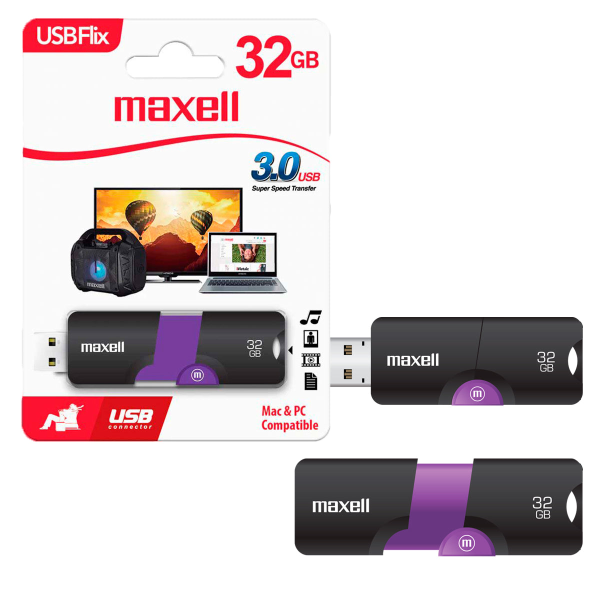 Pendrive USB 3.0 32GB Maxell Flix Diseño Retractil Compatible MAC y Windows Rapida Transferencia