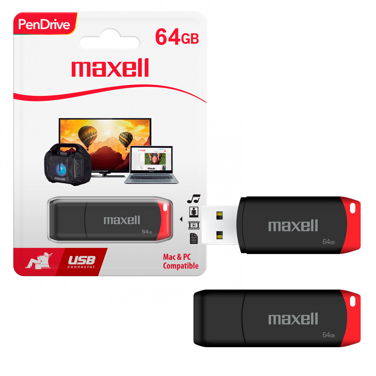 Pendrive USB 64GB Maxell USBPD-64 Con Tapadera de Protección Compatible MAC y Windows Uso General