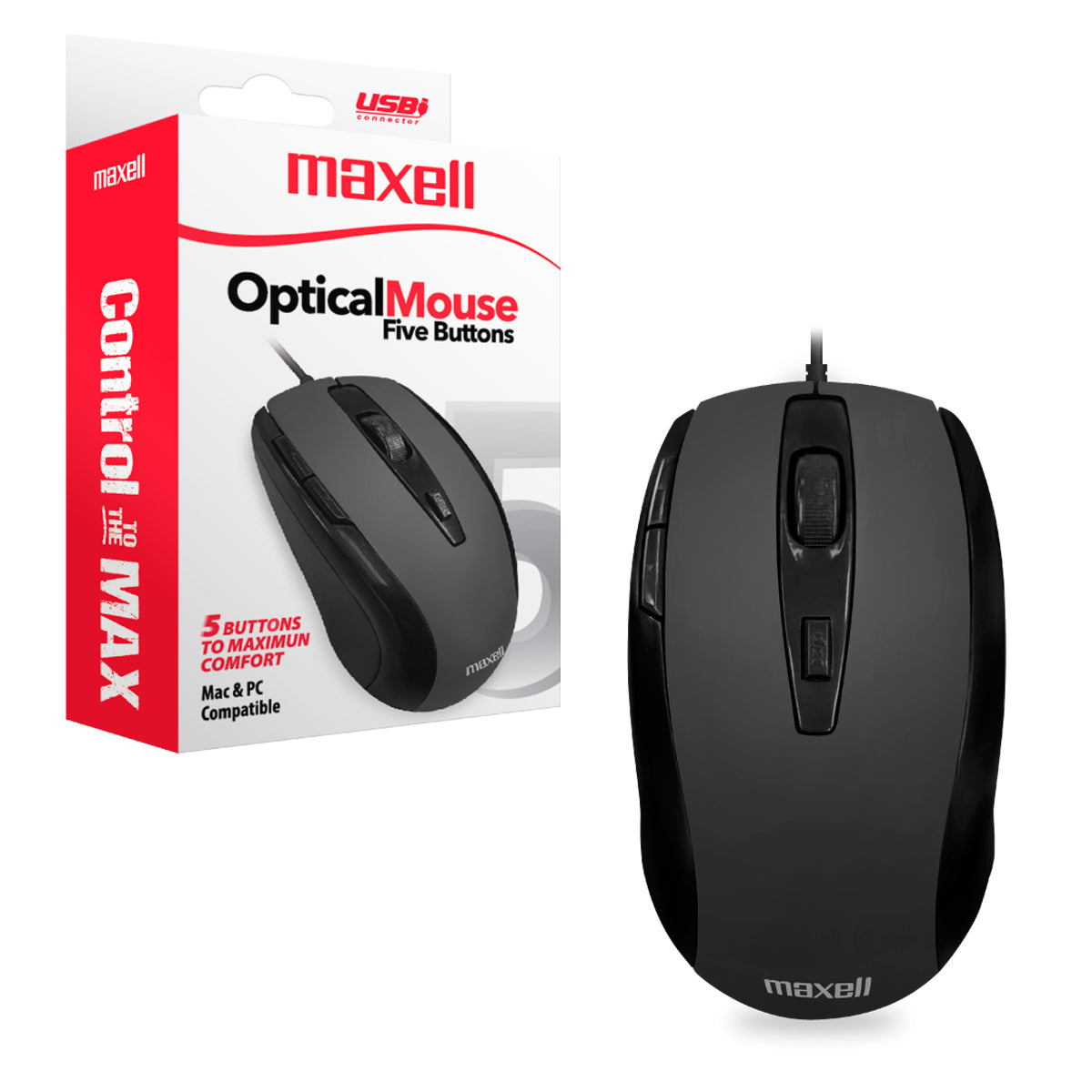 Mouse USB Optical Maxell MOWR-105 Ergonomico 5 btn Cable 150cm Sensor 1600dpi Compatible Windows-Mac