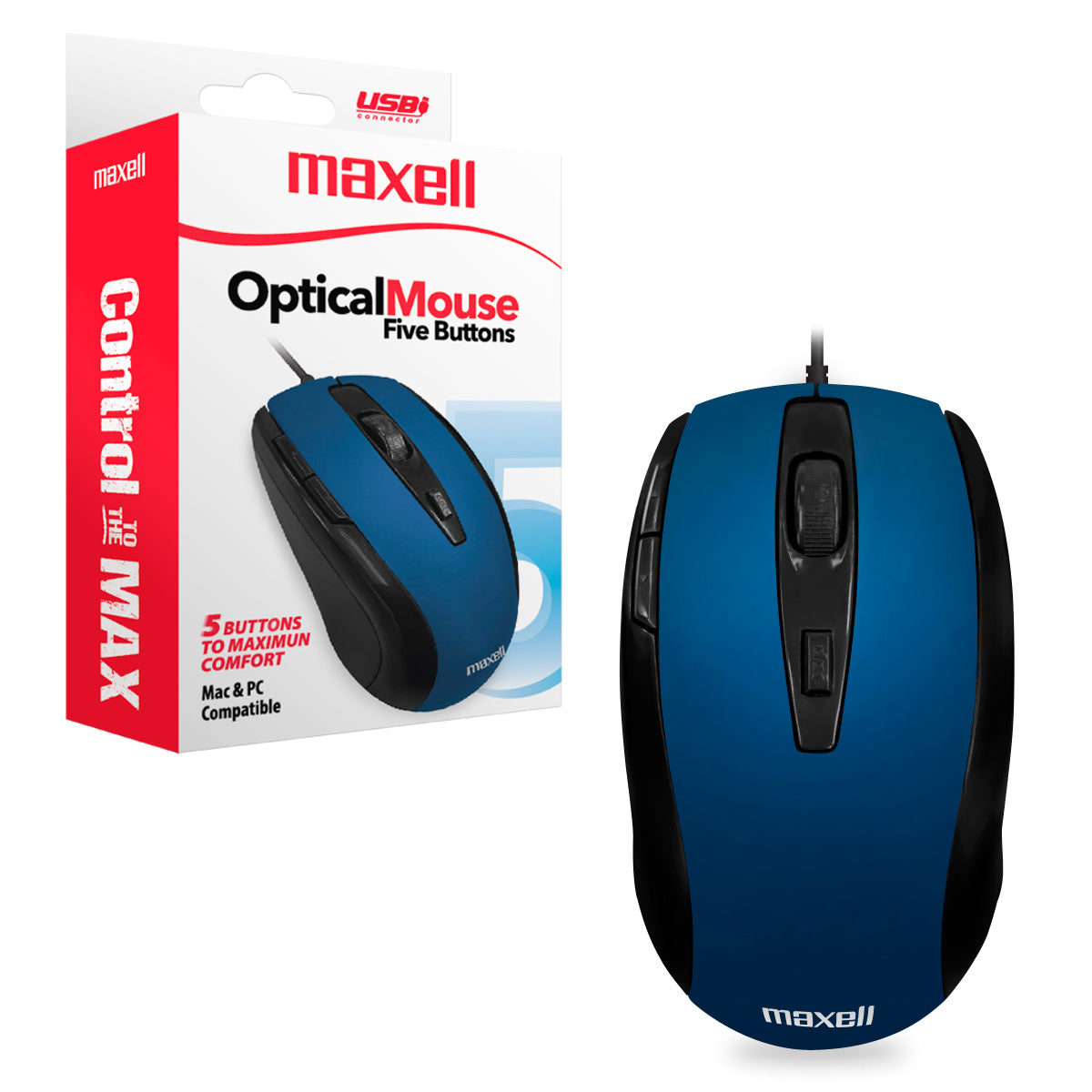 Mouse USB Optical Maxell MOWR-105 Ergonomico 5 btn Cable 150cm Sensor 1600dpi Compatible Windows-Mac - Mayorista de Tecnología