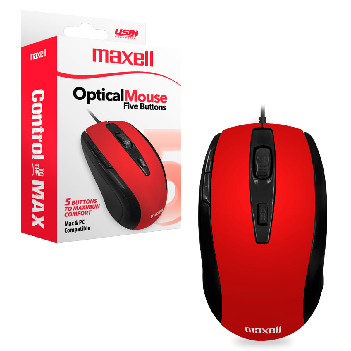 Mouse USB Optical Maxell MOWR-105 Ergonomico 5 btn Cable 150cm Sensor 1600dpi Compatible Windows-Mac