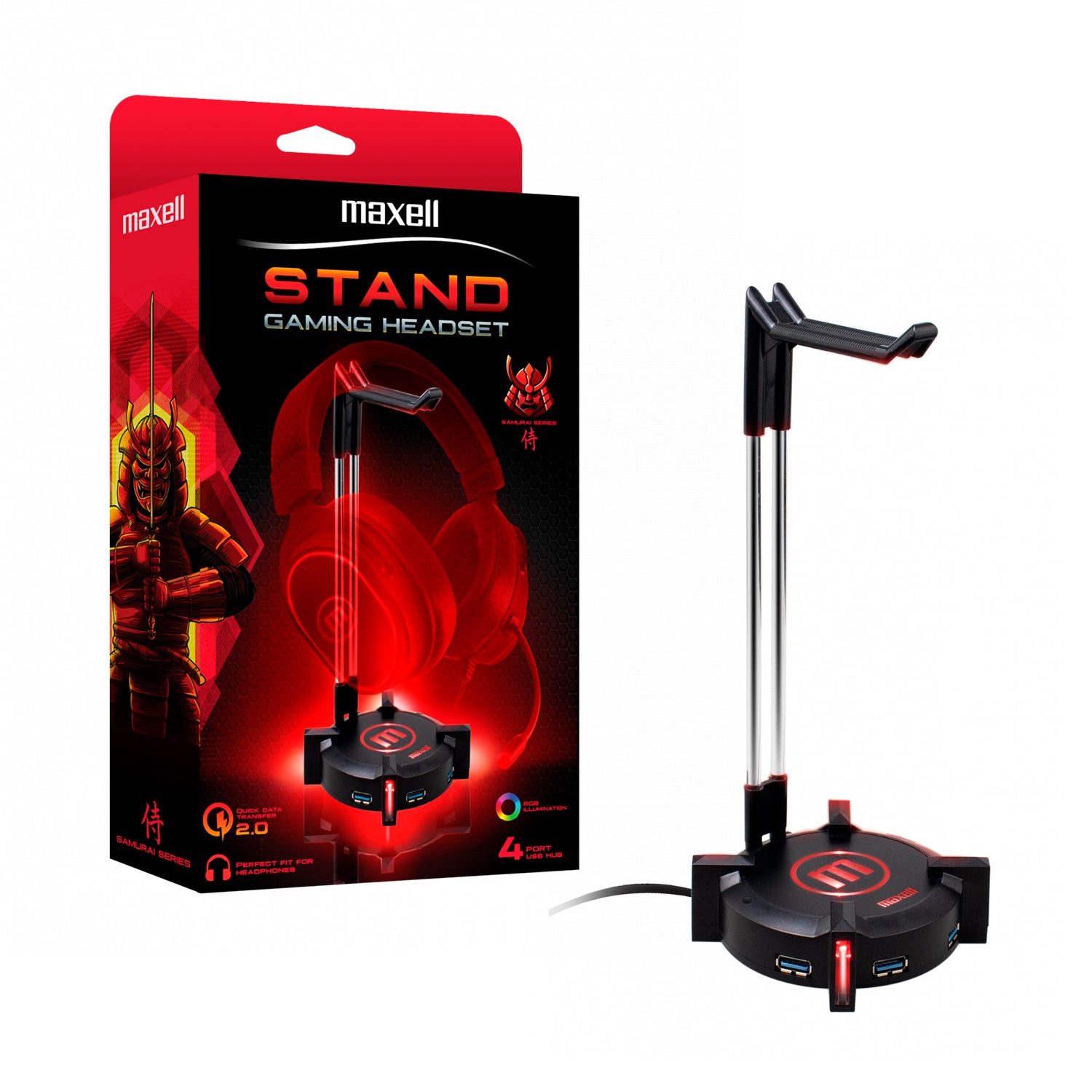 Soporte para Audifonos Stand Gamer Maxell Samurai Series RGB 4 Puertos USB-A 2.0 480 MB/s Cable 1M