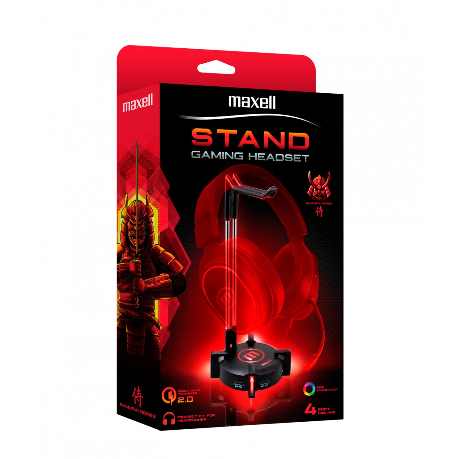 Soporte para Audifonos Stand Gamer Maxell Samurai Series RGB 4 Puertos USB-A 2.0 480 MB/s Cable 1M