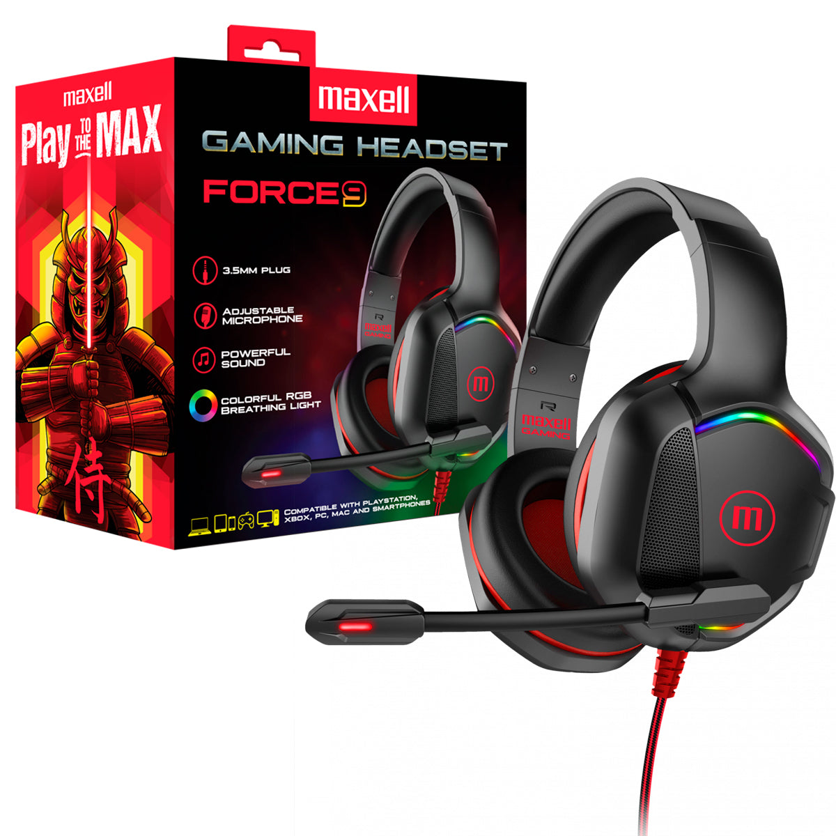 Audifonos Gaming Headse Maxell CA-H-MIC Force 9 Microfono Ajustable Led RGB TRRS 3.5mm+USB+Adaptador