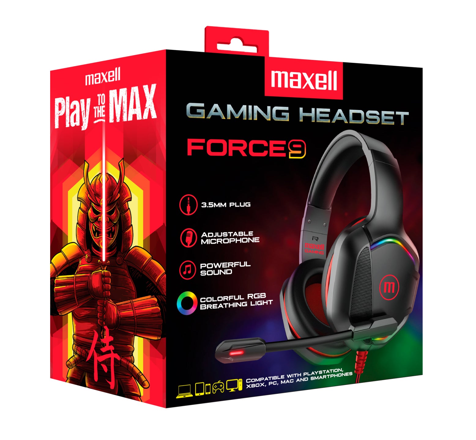 Audifonos Gaming Headse Maxell CA-H-MIC Force 9 Microfono Ajustable Led RGB TRRS 3.5mm+USB+Adaptador