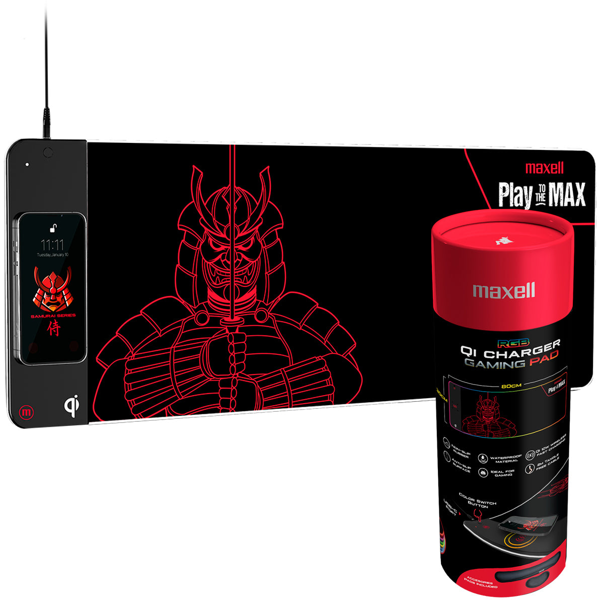 Mouse Pad Gamer Qi 10w Maxell Samurai Series + Almohadillas Reposamuñecas Impermiable RGB 80x30cm