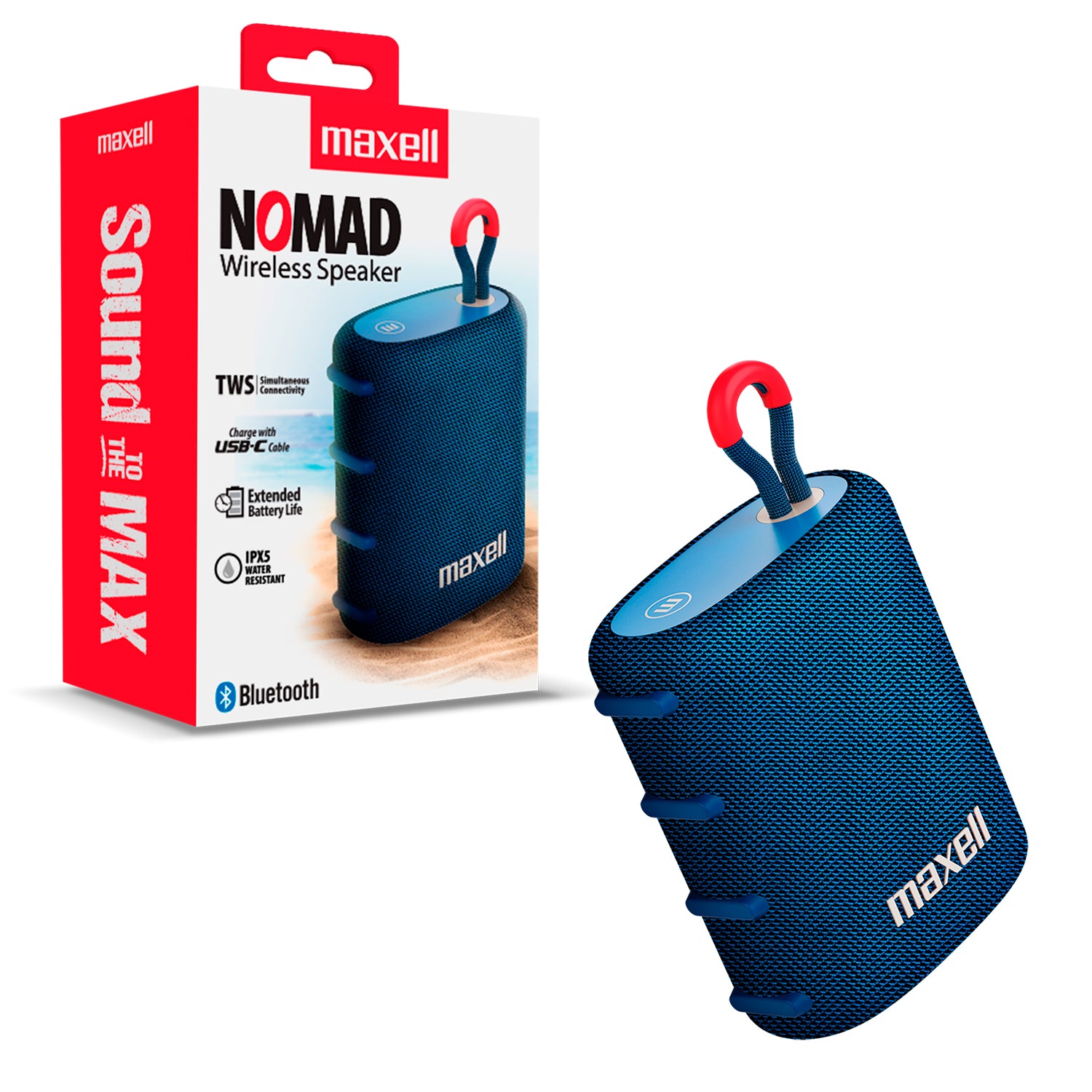 Parlante Portatil Maxell Nomad Bluetooth 5.2 TWS RMS 5W Duracion Bateria 15h Resistente al Agua IPX5 - Mayorista de Tecnología