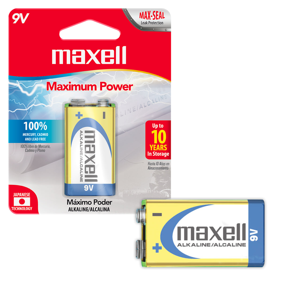 Pila 6LR61 9V Alcalina Rectangular Maxell 9V-1BP Maxima Durabilidad y Potencia Tecnologia Max-Seal - Mayorista de Tecnología