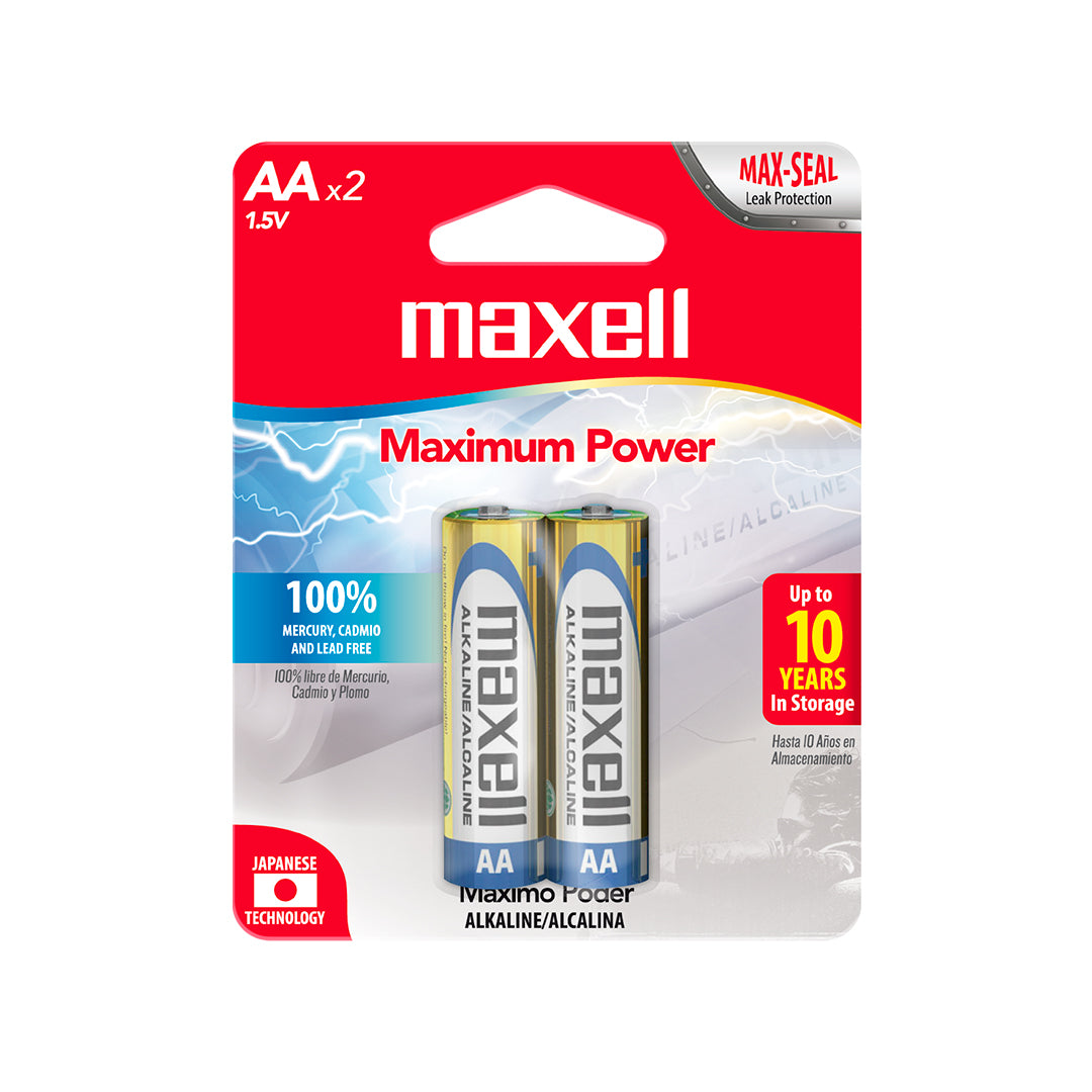 Pilas AA LR6 x2 1.5V Alcalina Cilindrica Maxell Maxima Durabilidad y Potencia Tecnologia Max-Seal