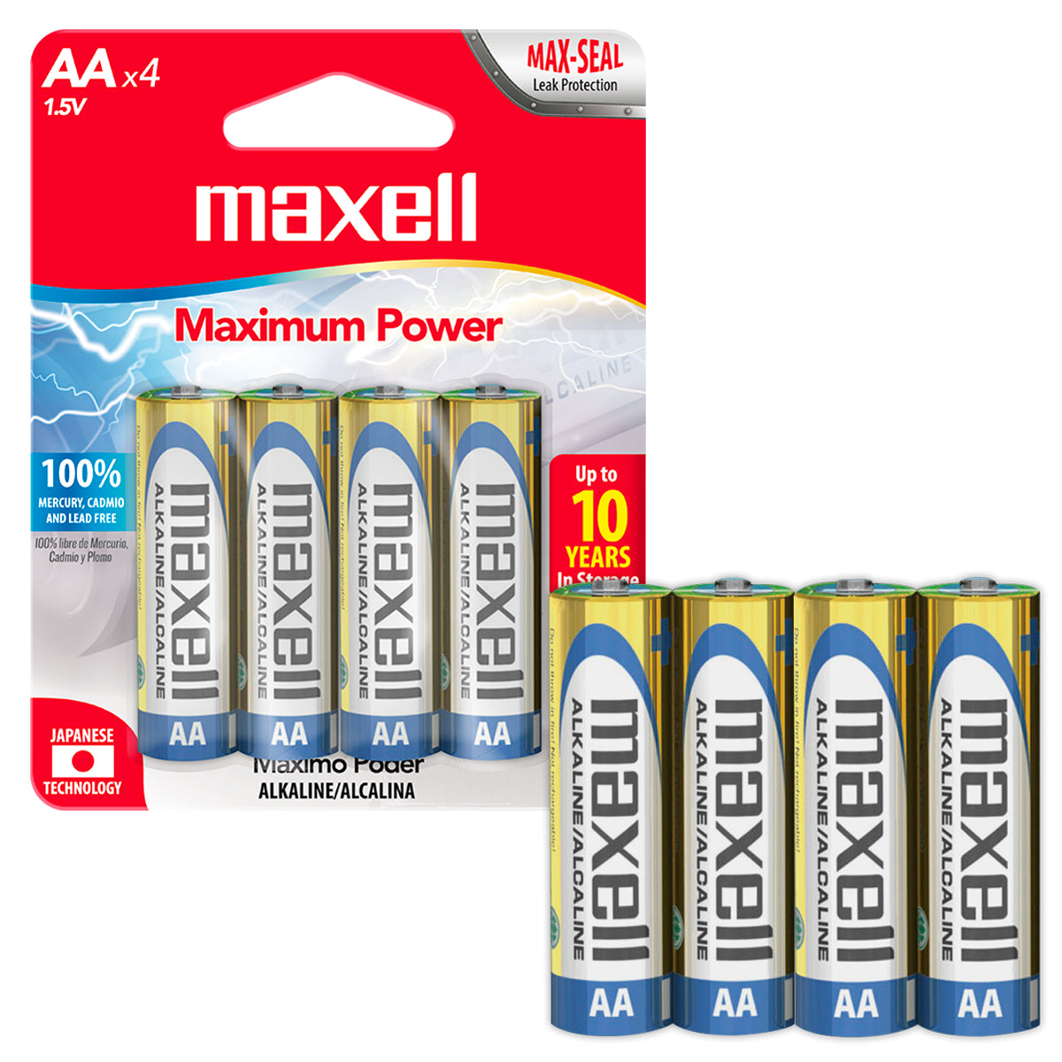 Pilas AA LR6 x4 1.5V Alcalina Cilindrica Maxell Maxima Durabilidad y Potencia Tecnologia Max-Seal