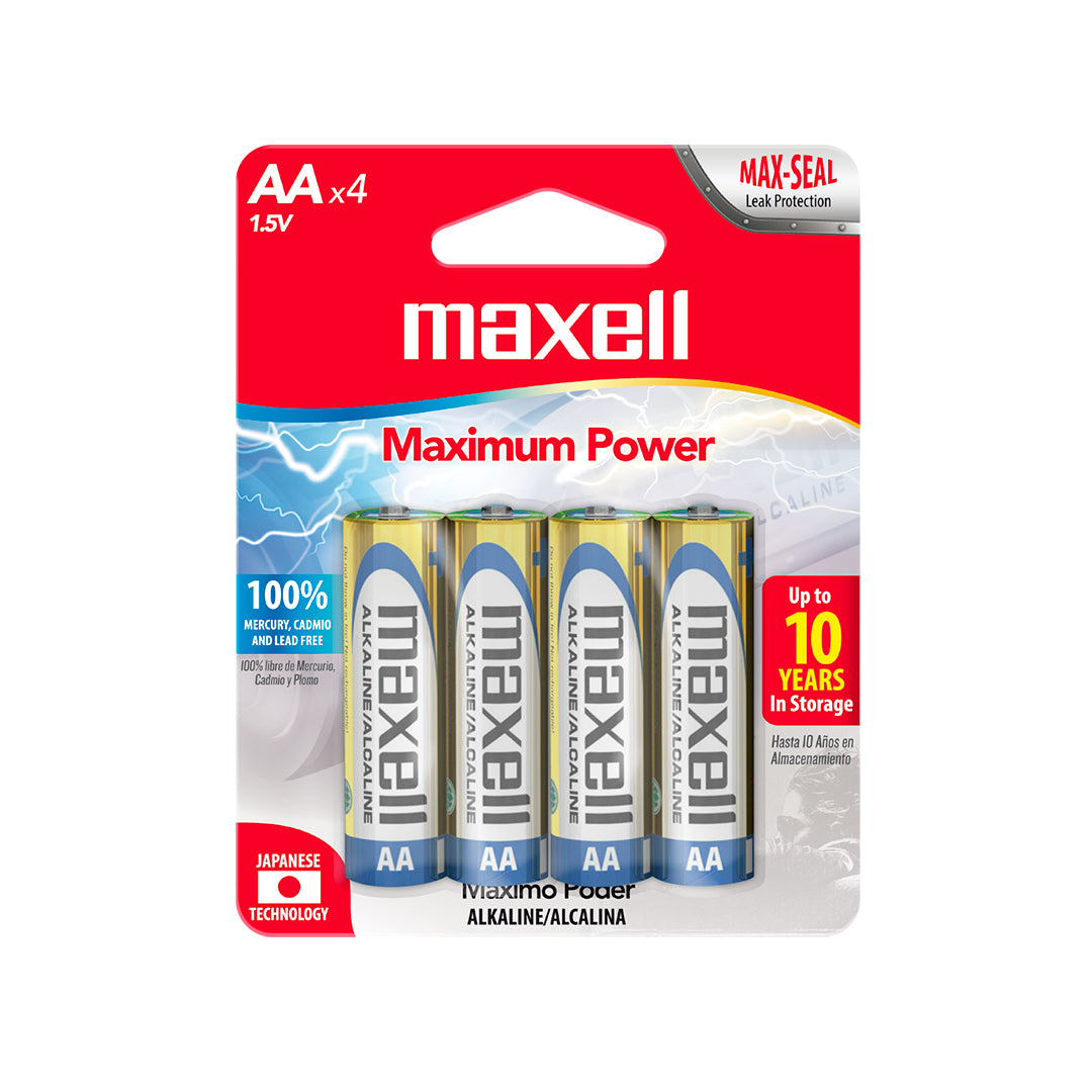 Pilas AA LR6 x4 1.5V Alcalina Cilindrica Maxell Maxima Durabilidad y Potencia Tecnologia Max-Seal