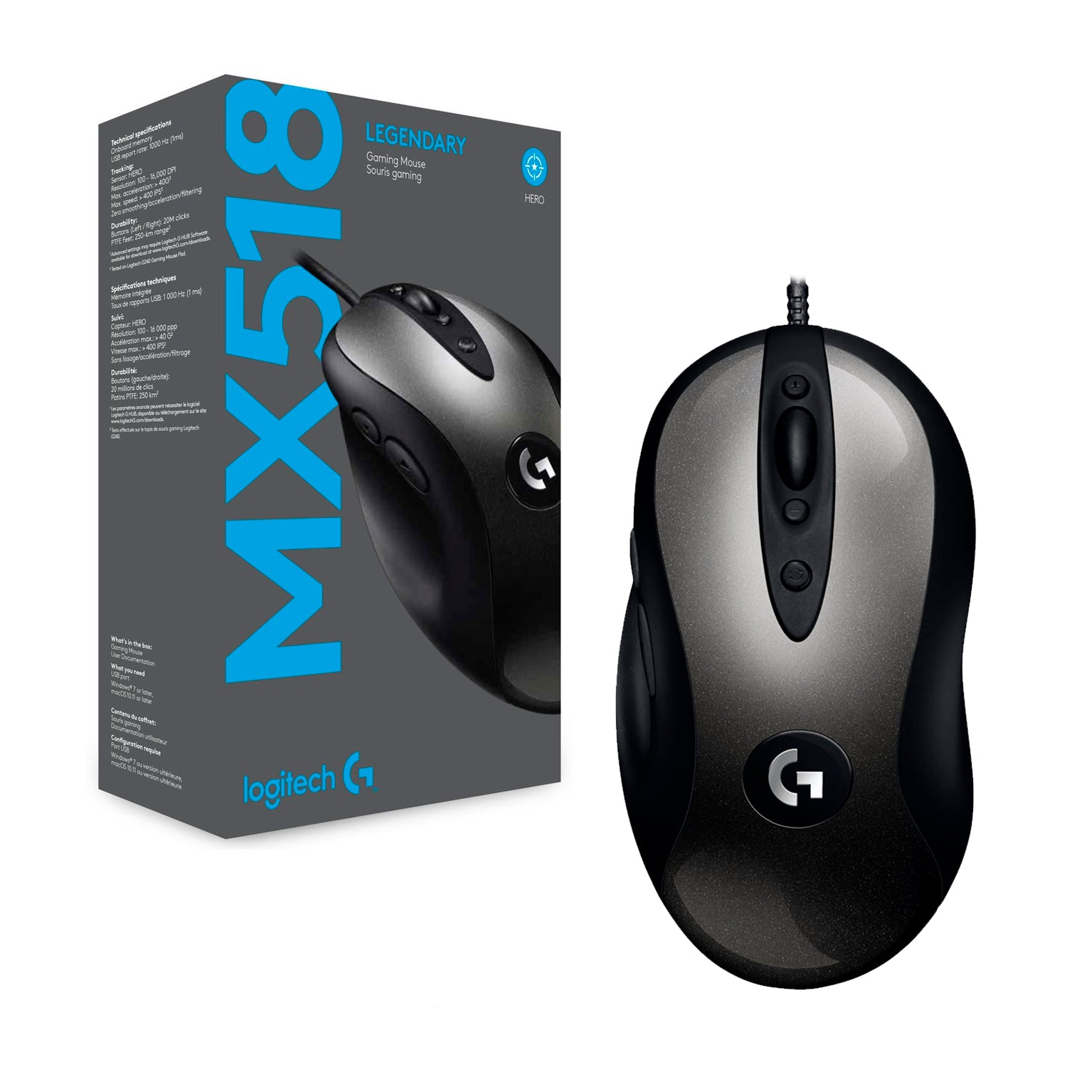 Mouse Gamer USB Logitech MX518 Legendary Sensor Hero Ajustable 100-16000dpi 8 Botones Programables