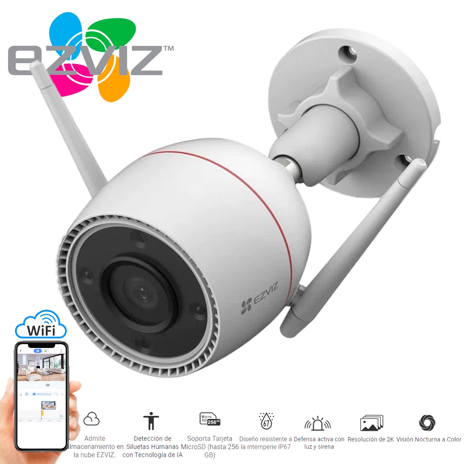 Camara Wifi IP C3TN Ezviz UHD 3MP Vision nocturna ColorVU Exterior IP67 Almacenamiento MicroSD-Nube - Mayorista de Tecnología