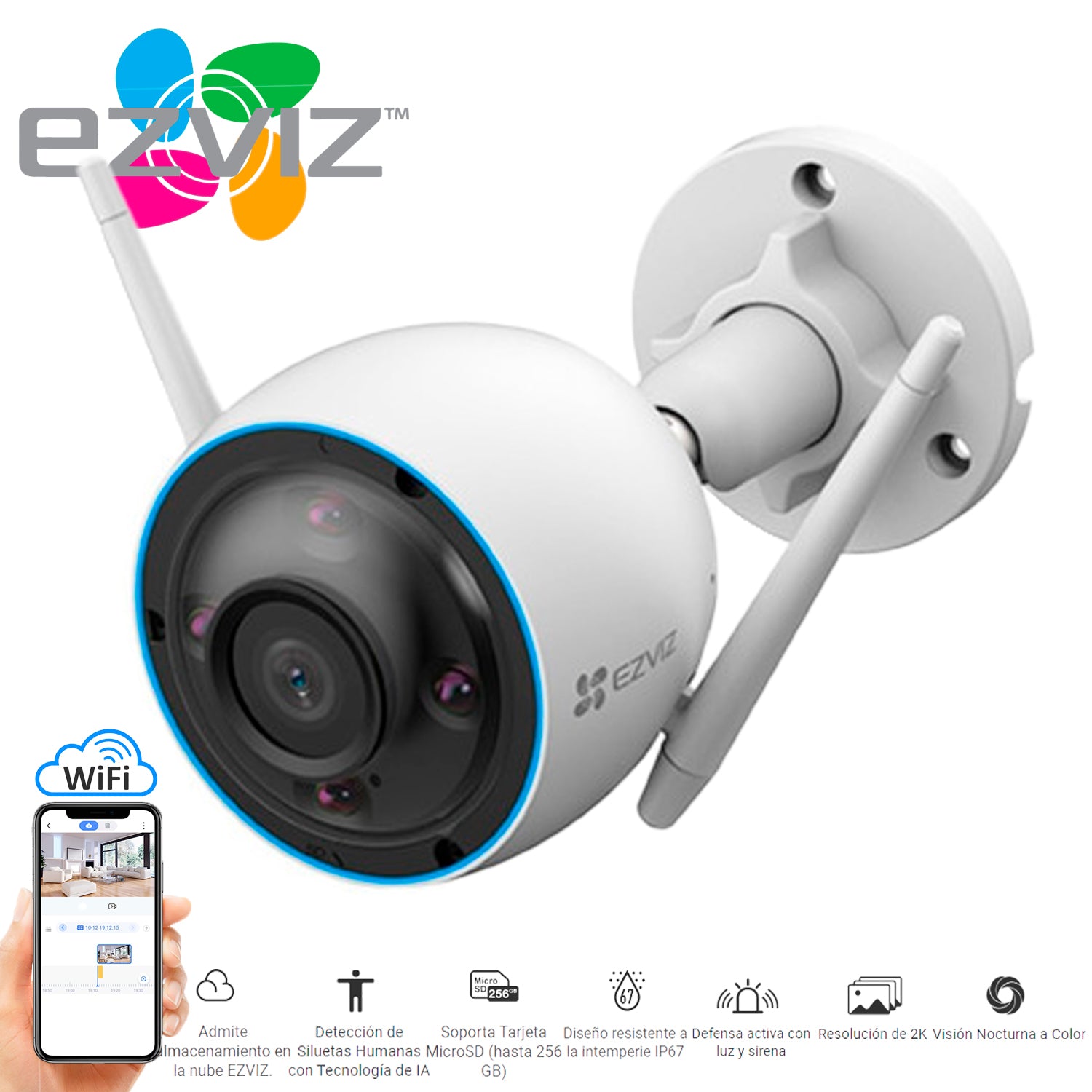 Camara Wifi IP CS-H3 Ezviz UHD 3MP Vision nocturna ColorVU Exterior IP67 Almacenamiento MicroSD-Nube - Mayorista de Tecnología