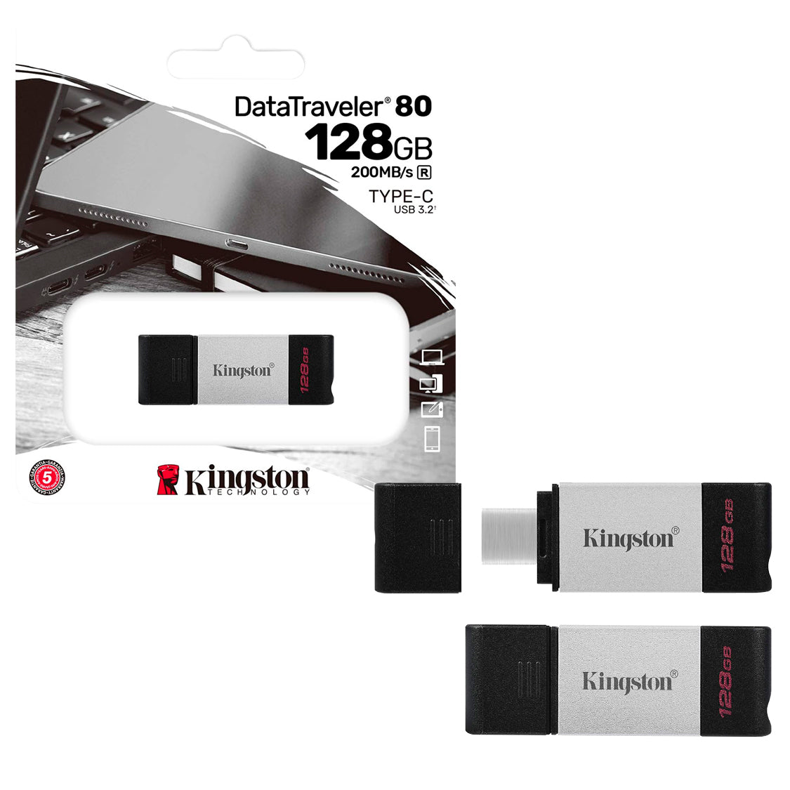 Pendrive USB 3.2 Tipo-C 128GB Kingston DataTraveler 80 Unidad Flash 200MB/s Compatible MAC y Windows - Mayorista de Tecnología