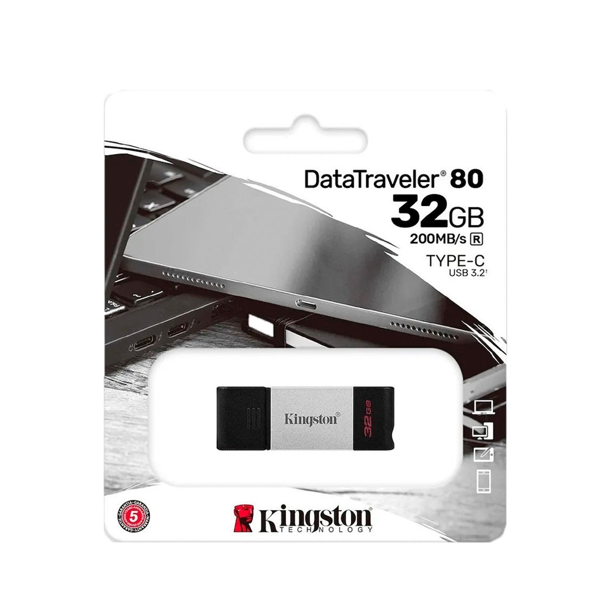 Pendrive USB 3.2 Tipo-C 32GB Kingston DataTraveler 80 Unidad Flash 200MB/s Compatible MAC y Windows