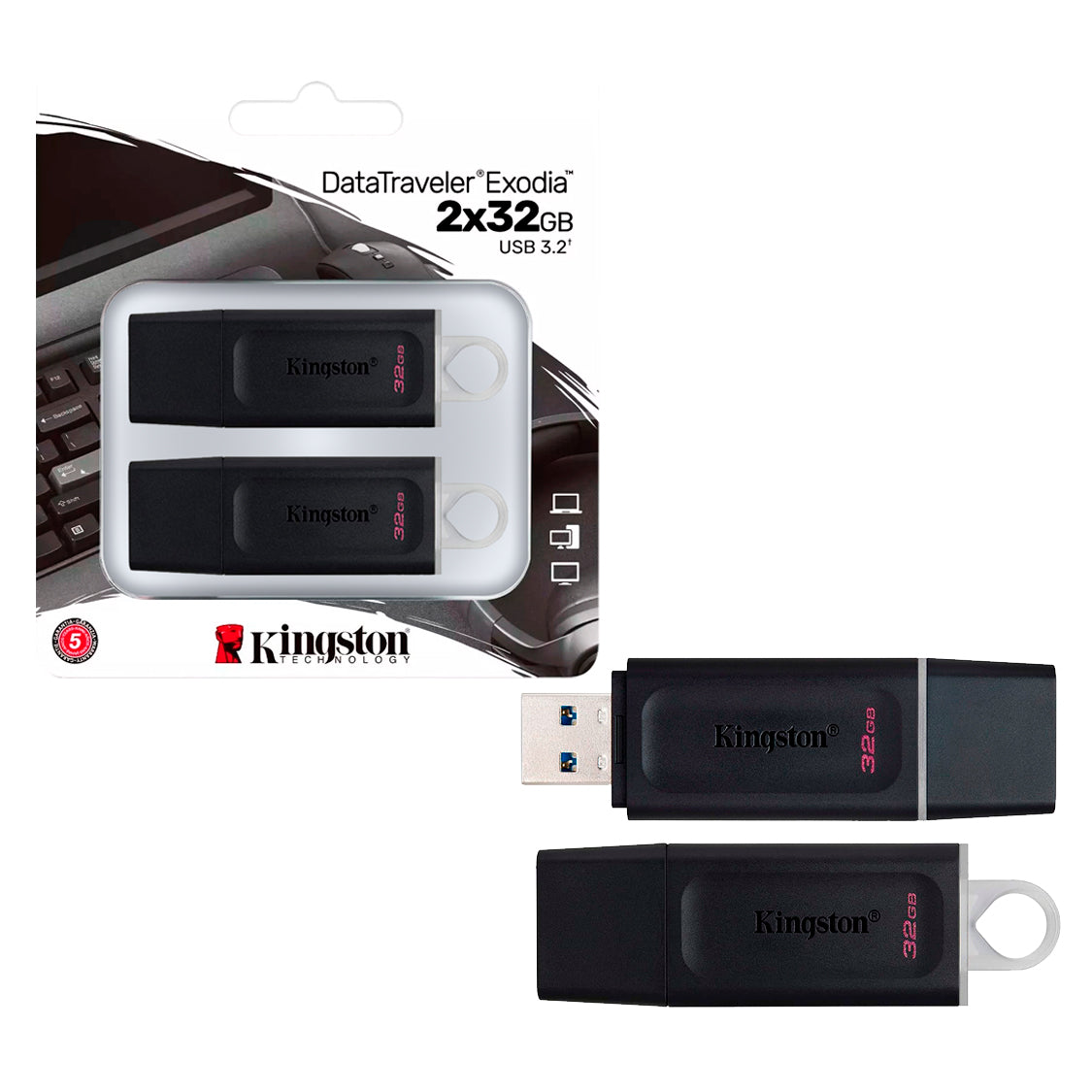 Pack x2 Pendrive USB 3.2 32GB Kingston DataTraveler Rapida Transferencia Compatible MAC Windows - Mayorista de Tecnología