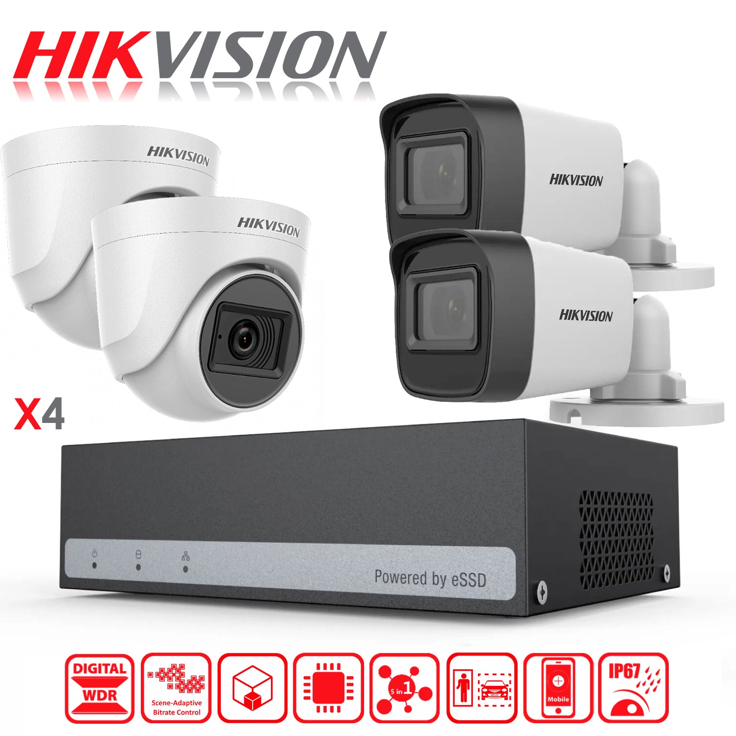 Kit de Camaras de Seguridad + DVR 4 Canales Hikvision Turbo HD eSSD 300GB 2 Camaras Bala 2 Domo - Mayorista de Tecnología