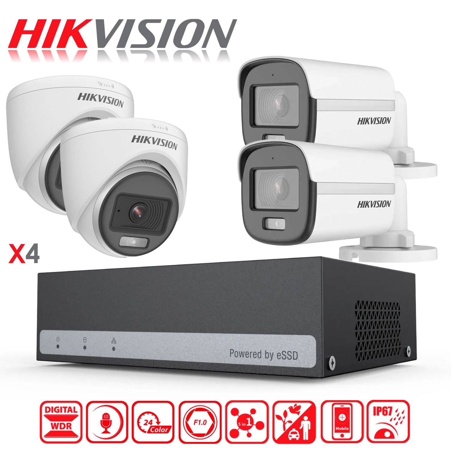 Kit de Camaras de Seguridad + DVR 4 Canales Color Vu Hikvision eSSD 300 GB FHD 2 Camaras Bala 2 Domo - Mayorista de Tecnología