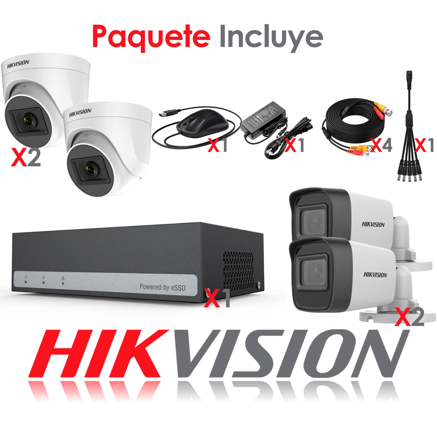 Kit de Camaras de Seguridad + DVR 4 Canales Hikvision Turbo HD eSSD 300GB 2 Camaras Bala 2 Domo