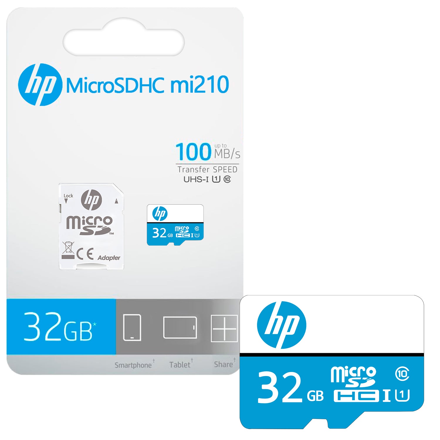 Tarjeta de Memoria MicroSDHC 32GB HP mi210 Clase 10 UHS-I 100MB/s + Adaptador Multiples Usos