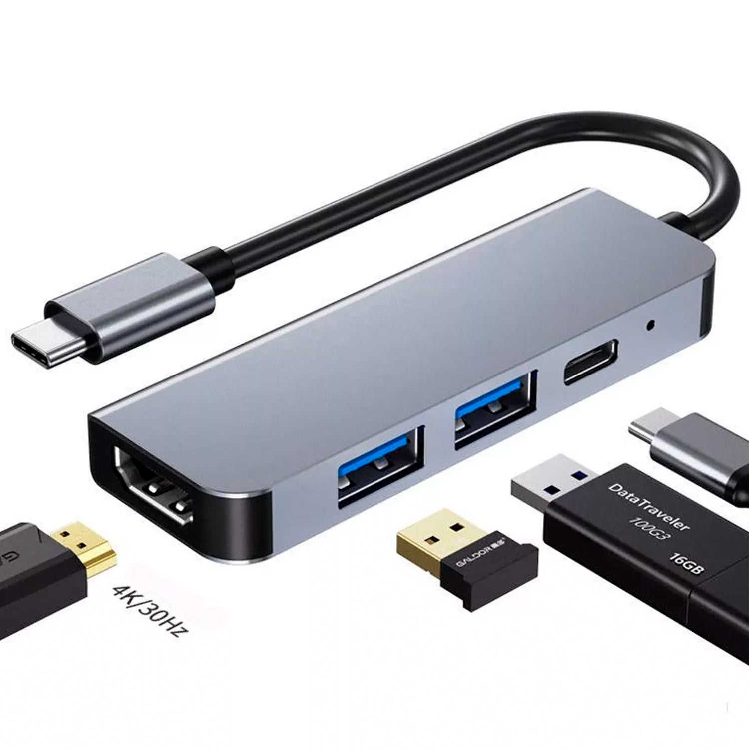 Adaptador Hub USB-C 4 en 1 Multipuerto HDTV 4K / USB 3.0 / USB-C PD 65W - Mayorista de Tecnología