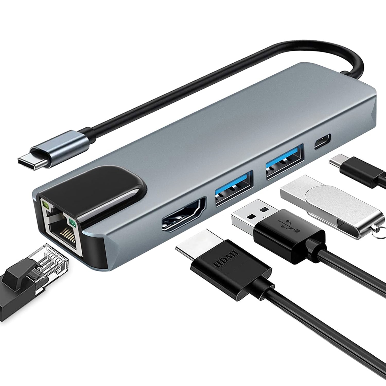 Adaptador Hub USB-C 5 en 1 Multipuerto HDTV 4K / RJ45 / USB 3.0 / USB-C PD 65W - Mayorista de Tecnología