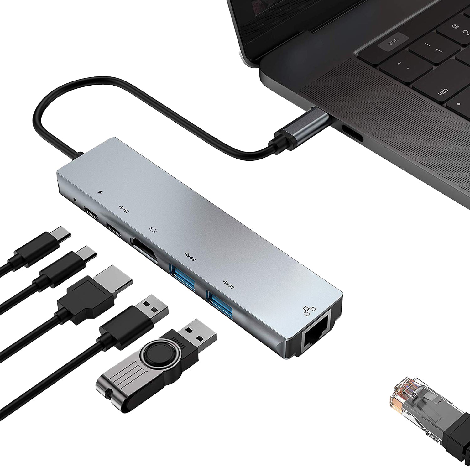 Adaptador Hub USB-C 6 en 1 Multipuerto HDTV 4K / RJ45 / USB / USB-C 3.0 / PD 87W