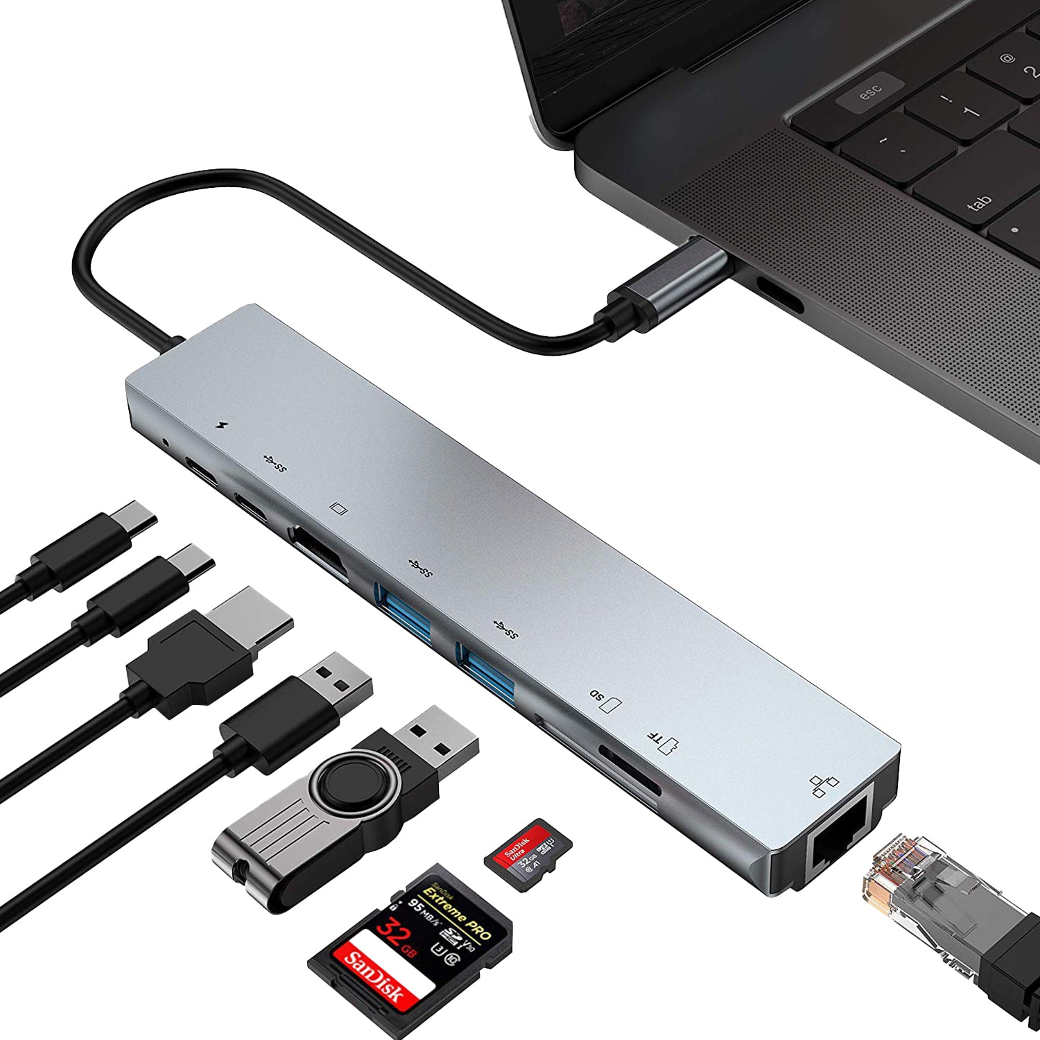 Adaptador Hub USB-C 8 en 1 Multipuerto HDTV 4K / RJ45 / USB / USB-C 3.0 / Tarjeta SD / TF / PD 87W