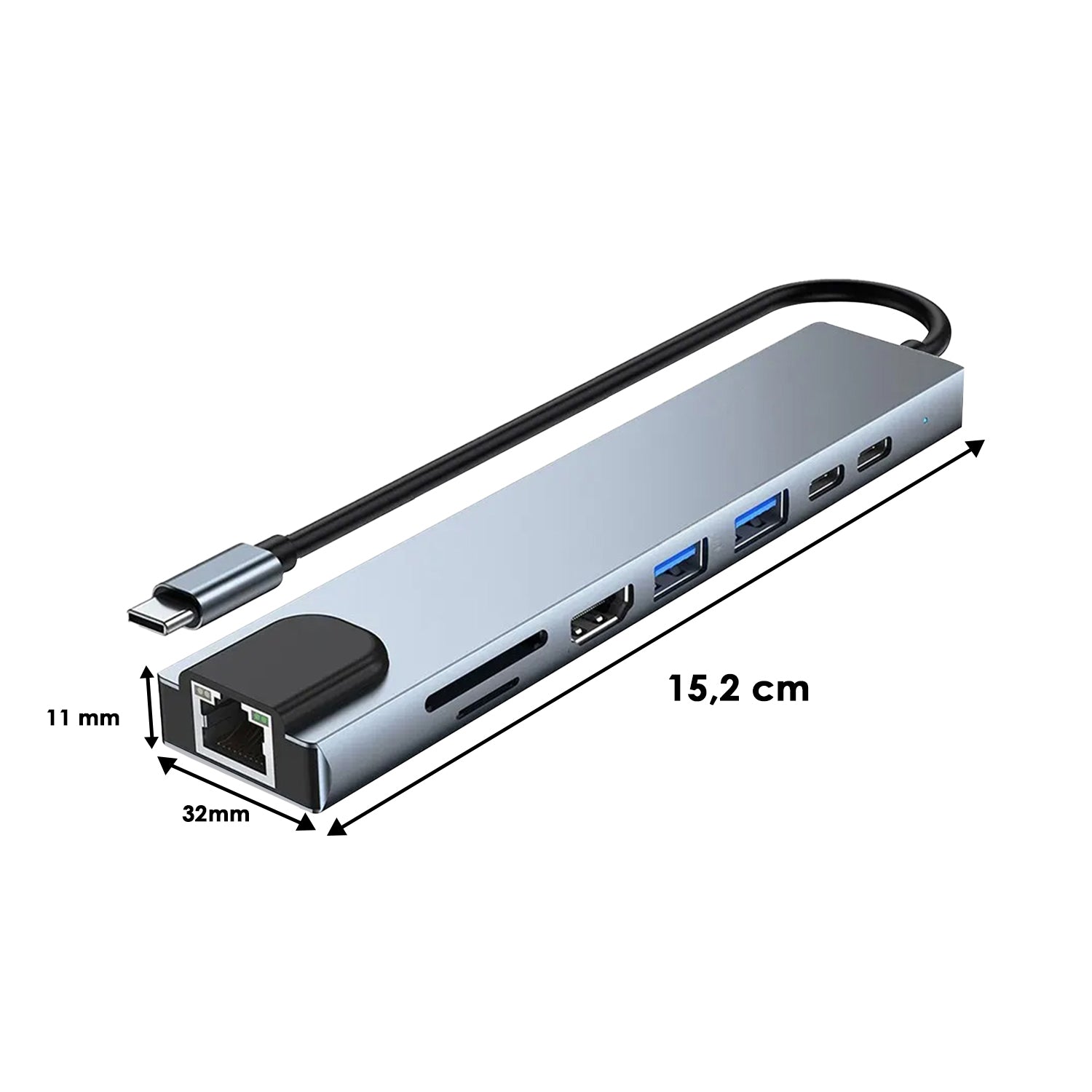 Adaptador Hub USB-C 8 en 1 Multipuerto HDTV 4K / RJ45 / USB / USB-C 3.0 / Tarjeta SD / TF / PD 87W