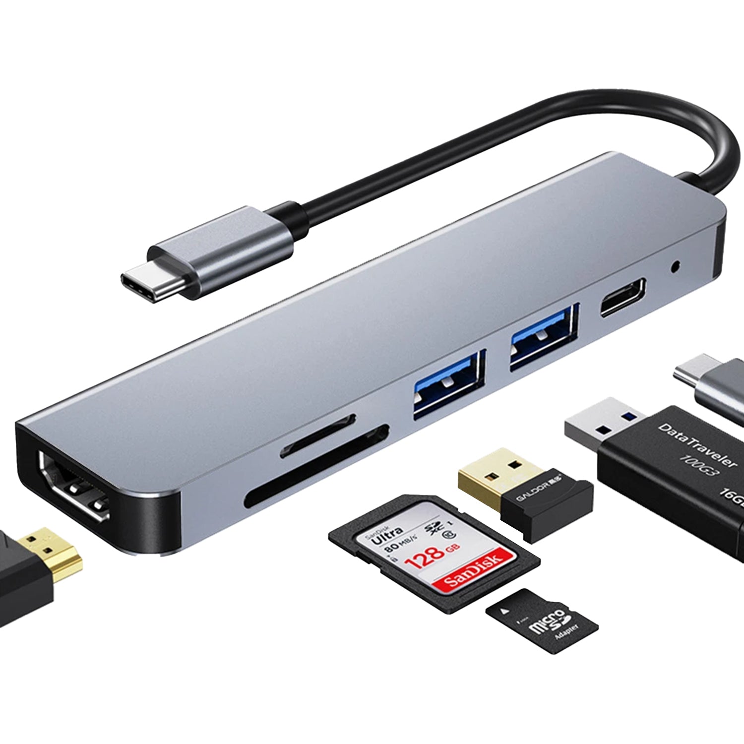 Adaptador Hub USB-C 6 en 1 Multi Funcion HDTV 4K / USB 2.0 / USB 3.0 / Tarjeta SD / TF / PD 65W