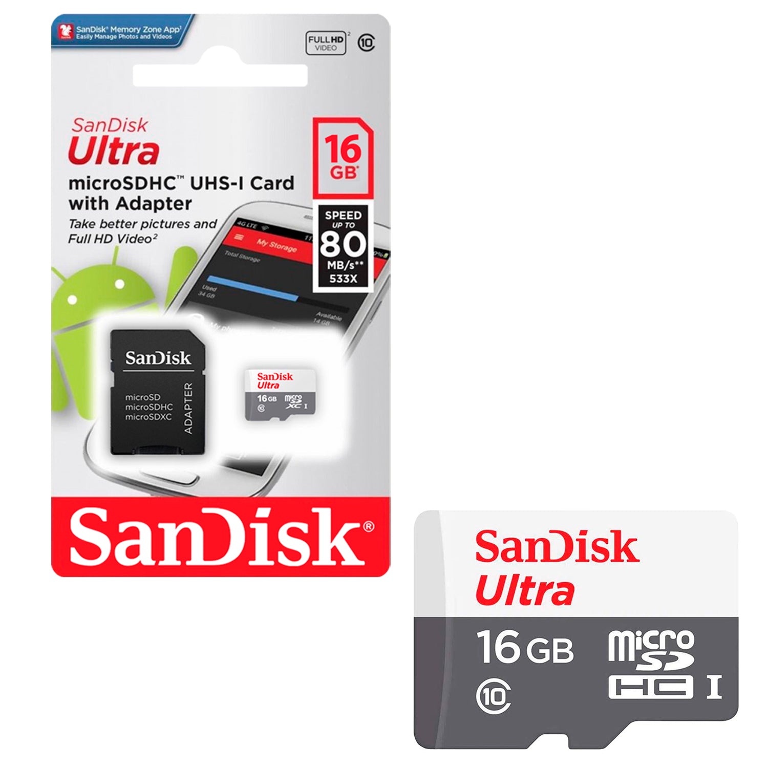 Tarjeta de Memoria MicroSDHC SanDisk 16GB Ultra Clase 10 UHS-I 80MB/s + Adaptador Multiuso - Mayorista de Tecnología