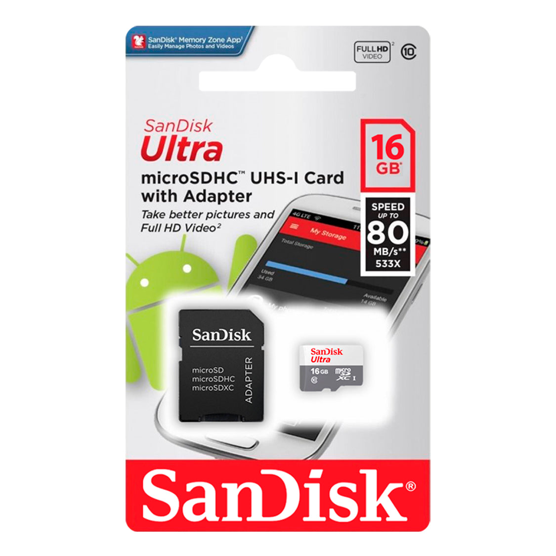 Tarjeta de Memoria MicroSDHC SanDisk 16GB Ultra Clase 10 UHS-I 80MB/s + Adaptador Multiuso