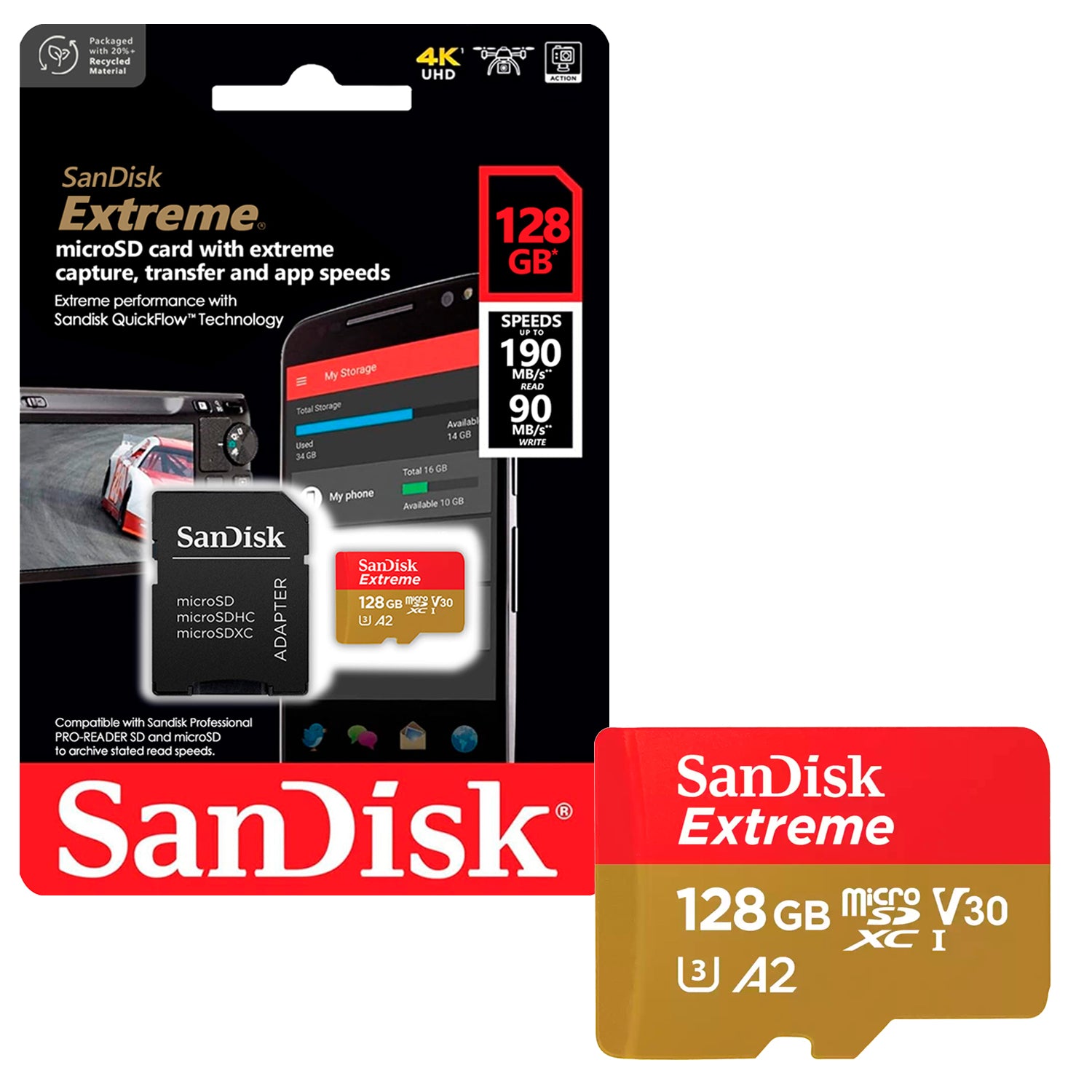 Tarjeta de Memoria MicroSDXC 128GB SanDisk Extreme UHS-I A2 V30 U3 4K 190MB/s + Adaptador - Mayorista de Tecnología