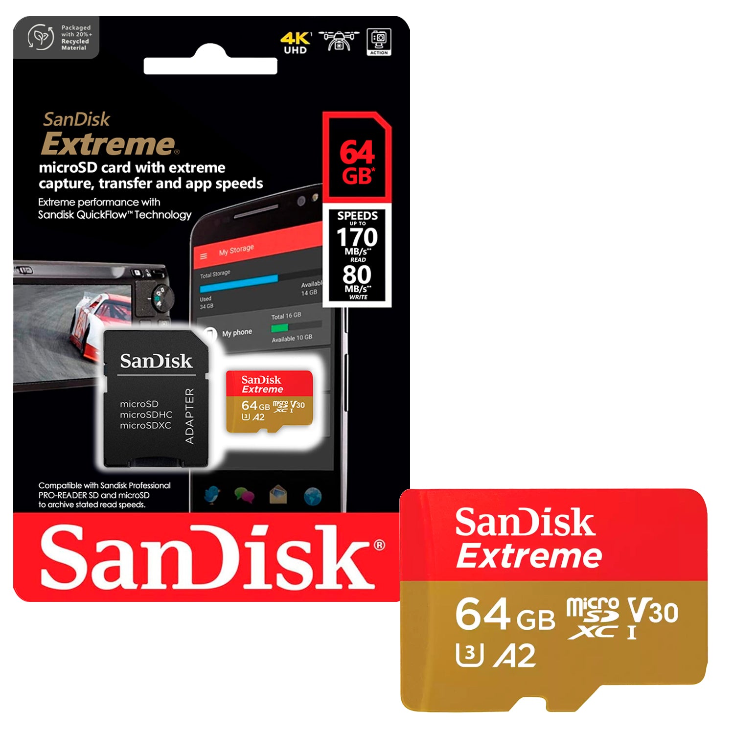 Tarjeta de Memoria MicroSDXC 64GB SanDisk Extreme UHS-I A2 V30 U3 4K 170MB/s + Adaptador - Mayorista de Tecnología