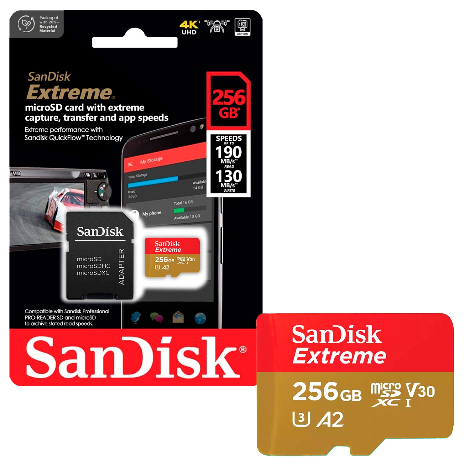 Tarjeta de Memoria MicroSDXC 256GB SanDisk Extreme UHS-I A2 V30 U3 4K 190MB/s + Adaptador - Mayorista de Tecnología