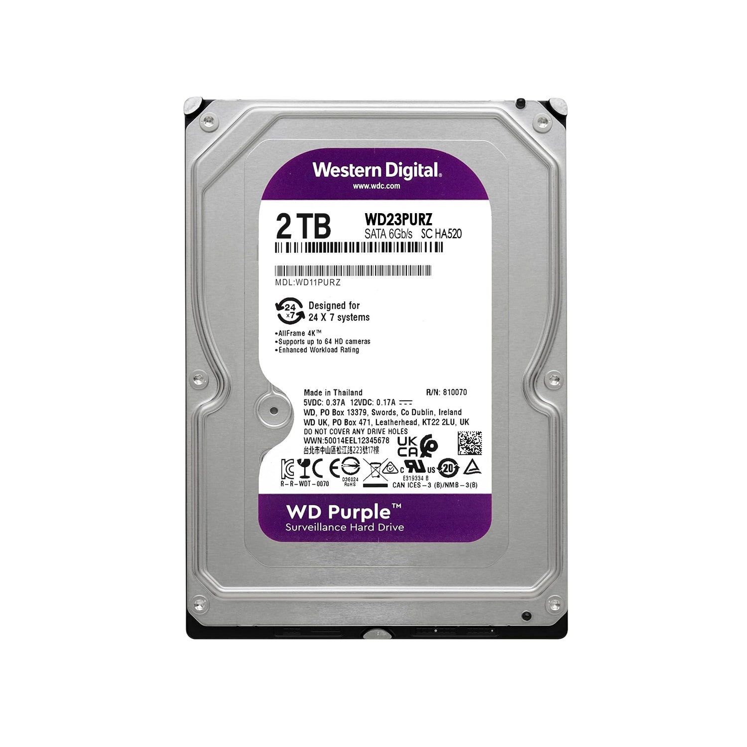 Disco Duro Interno Western Digital Purple 2TB 3.5" SATA 3 Cache 64MB PC/DVR/NVR [ WD23PURZ ] - Mayorista de Tecnología